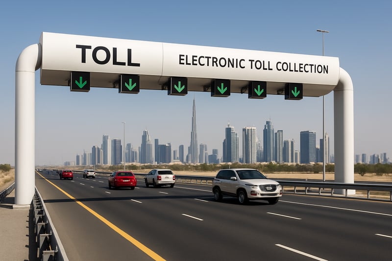 A modern toll road in Dubai with efficient electronic toll collection systems. A modern toll road in Dubai with efficient electronic toll collection systems.