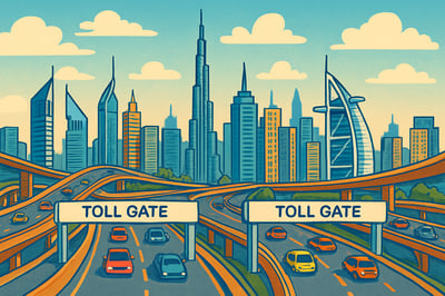 Illustration of Dubai skyline with highways and toll gates Illustration of Dubai skyline with highways and toll gates