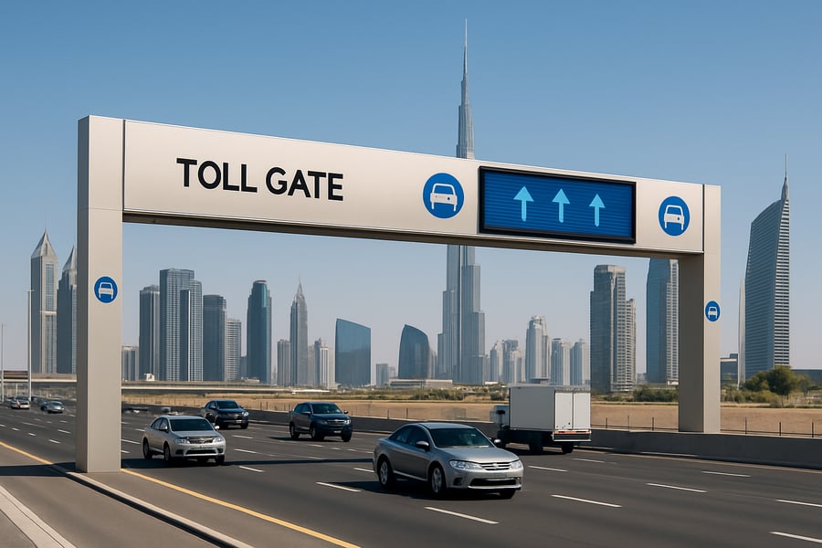 Modern Dubai highway with electronic toll gate Modern Dubai highway with electronic toll gate